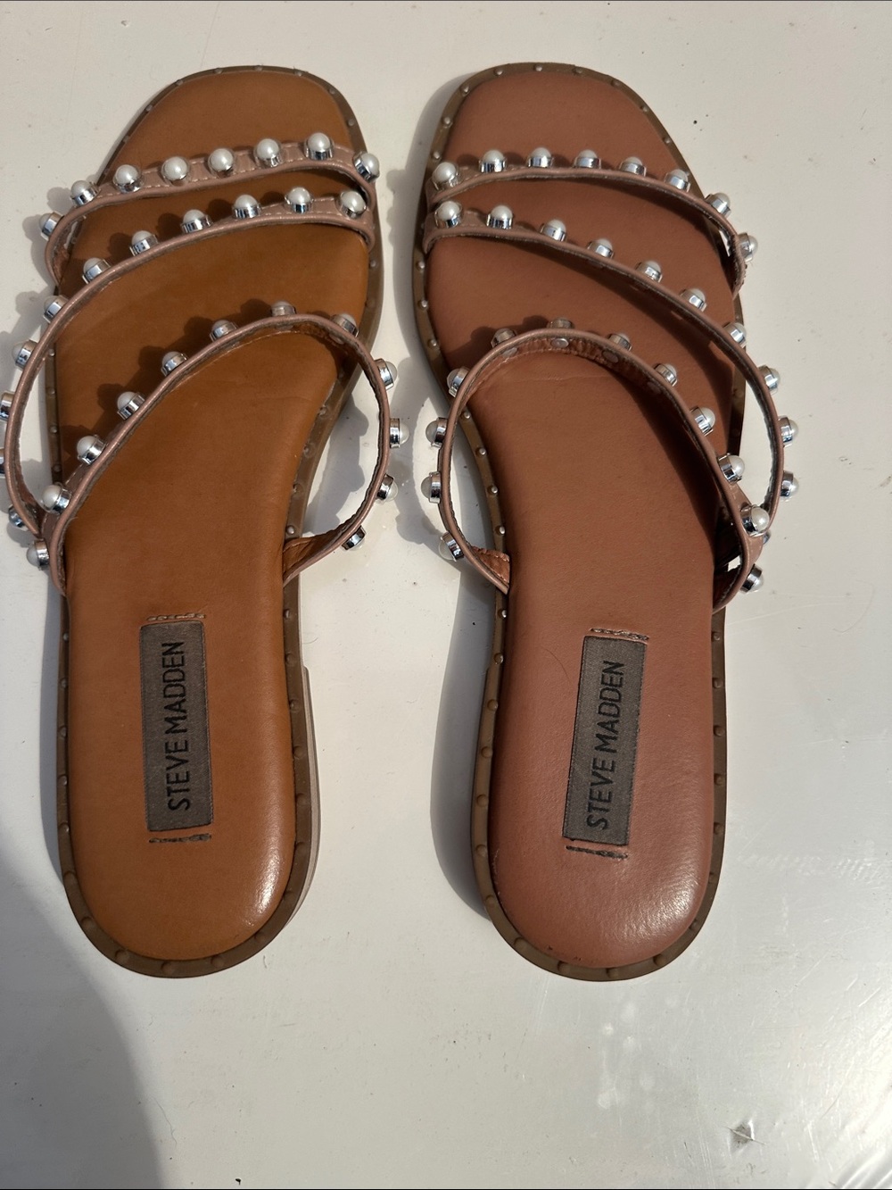 Steve Madden Tan Pearl & Silver-Stud Slide Sandals